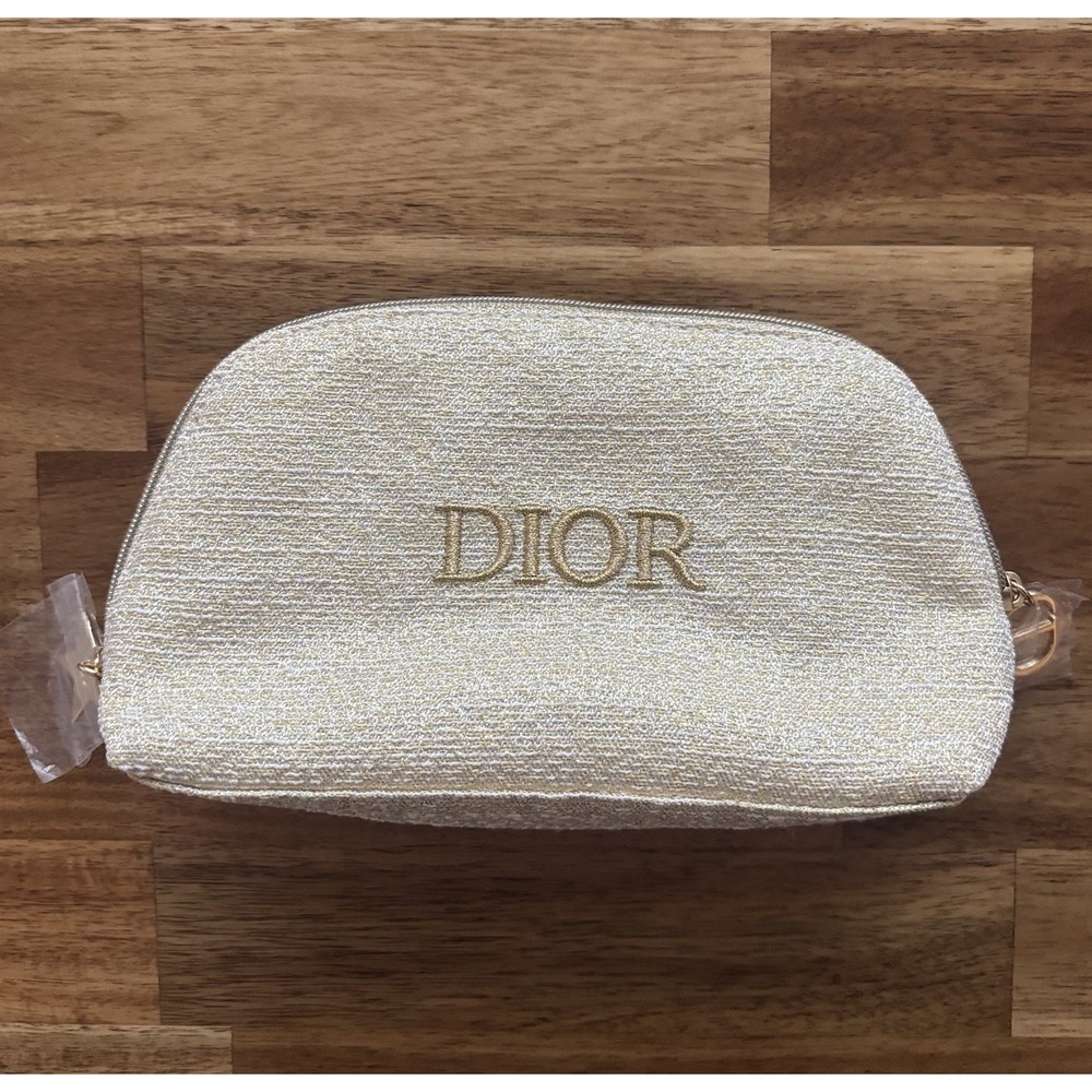 Dior Beauty Makeup Pouch Cosmetic Bag EMPTY Case Gold Tone Logo Travel AUTHENTIC